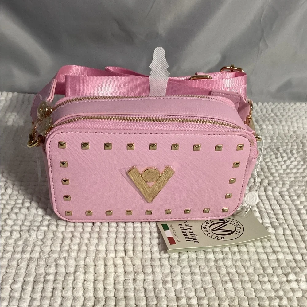Valentino Orlandi Studded Baby Pink Double Zip Camera Crossbody Bag NEW